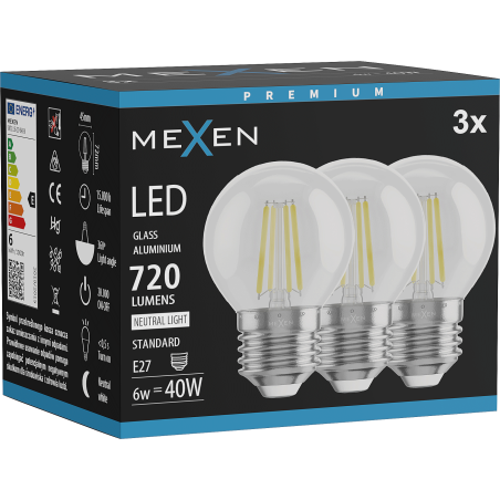 Mexen Vintis 3x LED Filament Bulb E27, G45, 6W, Neutral - 4000K, 720 lm, clear - L156-E27-0627-00x03 - L156-E27-0640-00x03