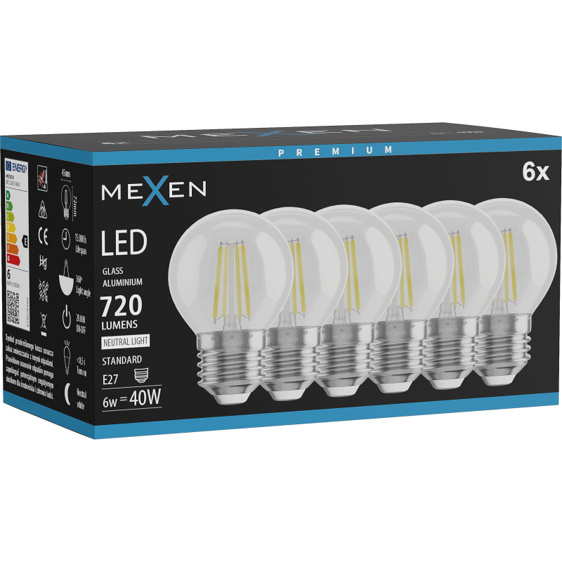 Mexen Vintis 6x LED Filament Bulb E27, G45, 6W, Neutral - 4000K, 720 lm, clear - L156-E27-0627-00x06 - L156-E27-0640-00x06