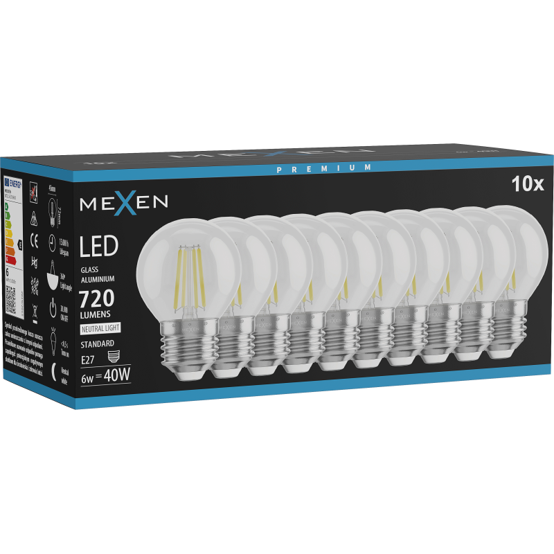 Mexen Vintis 10x LED Filament Bulb E27, G45, 6W, Neutral - 4000K, 720 lm, clear - L156-E27-0627-00x10 - L156-E27-0640-00x10