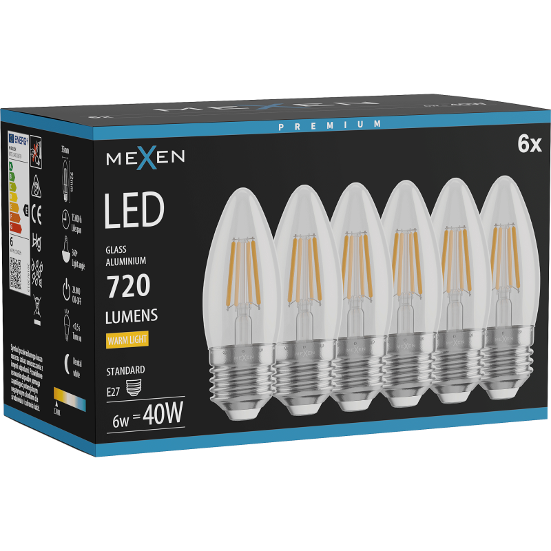 Mexen Vintis 6x Filament LED Bulb E27, C35, 6W, Warm - 2700K, 720 lm, clear - L154-E27-0627-00x06