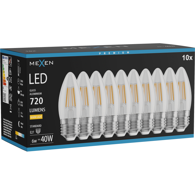 Mexen Vintis 10x LED Filament Bulb E27, C35, 6W, Warm - 2700K, 720 lm, clear - L154-E27-0627-00x10