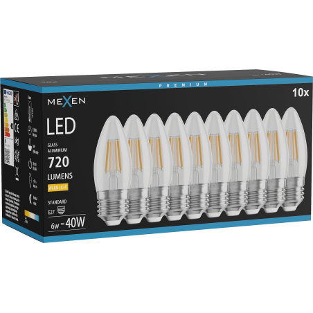 Mexen Vintis 10x LED Filament Bulb E27, C35, 6W, Warm - 2700K, 720 lm, clear - L154-E27-0627-00x10