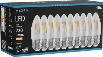 Mexen Vintis 10x LED Filament Bulb E27, C35, 6W, Warm - 2700K, 720 lm, clear - L154-E27-0627-00x10