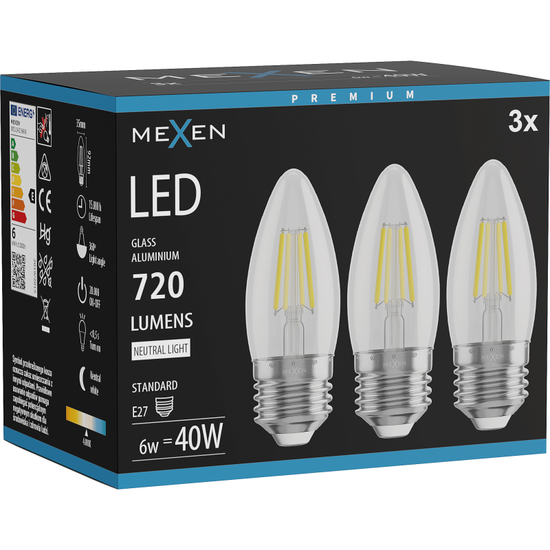 Mexen Vintis 3x LED Filament Bulb E27, C35, 6W, Neutral - 4000K, 720 lm, clear - L154-E27-0640-00x03