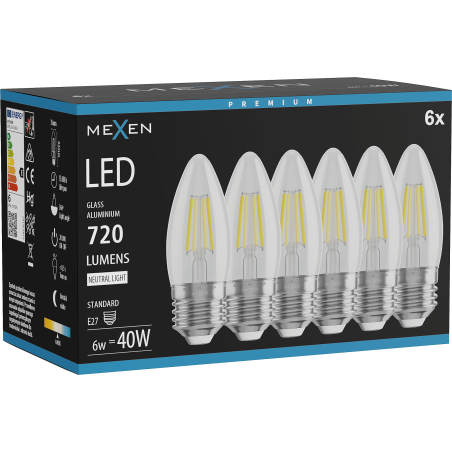 Mexen Vintis 6x LED Filament Bulb E27, C35, 6W, Neutral - 4000K, 720 lm, clear - L154-E27-0640-00x06