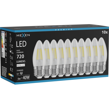 Mexen Vintis 10x Filament LED Bulb E27, C35, 6W, Neutral - 4000K, 720 lm, clear - L154-E27-0640-00x10