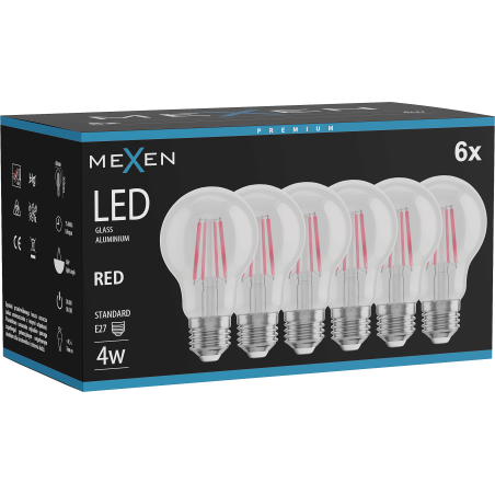 Mexen Vintis 6x LED Filament Bulb E27, A60, 4W, 55 lm, red - L150-E27-04XX-45x06