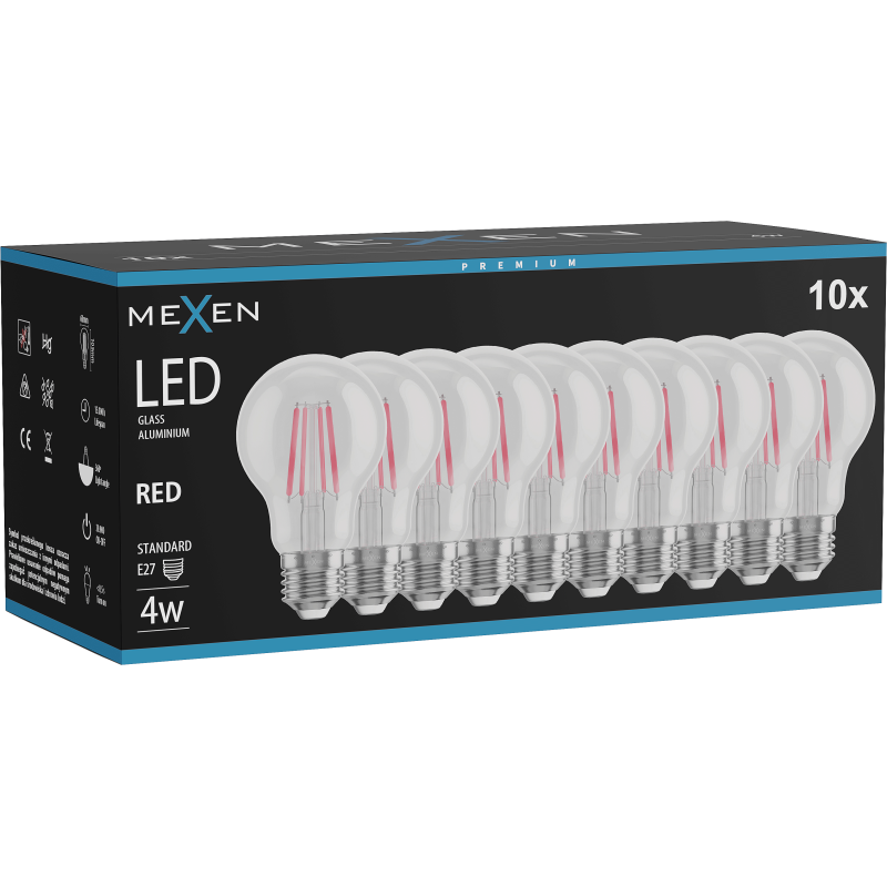 Mexen Vintis 10x LED filament bulb E27, A60, 4W, 55 lm, red - L150-E27-04XX-45x10