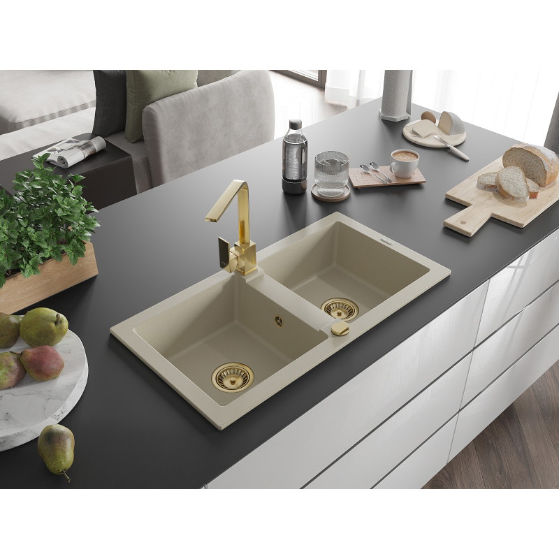 Mexen Mario 2-bowl granite sink with kitchen faucet Rita, beige - 6504-69-670300-50