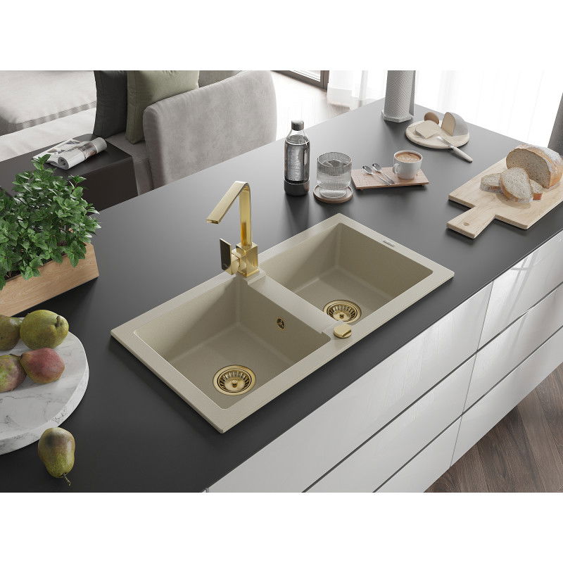 Mexen Mario granite 2-bowl sink with Rita kitchen tap, beige - 6504-69-670300-50
