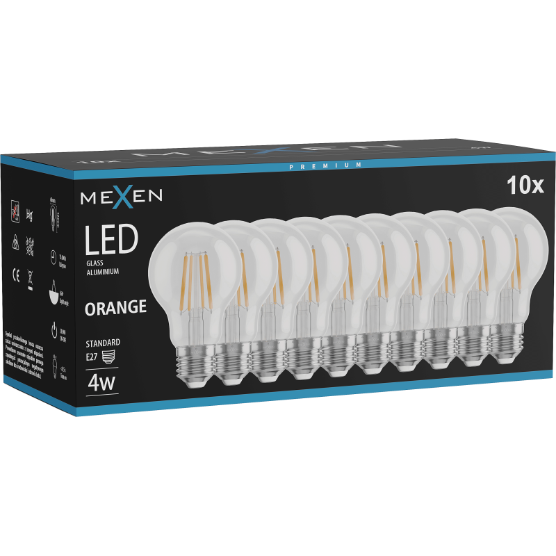 Mexen Vintis 10x LED Filament Bulb E27, A60, 4W, 55 lm, orange - L150-E27-04XX-48x10