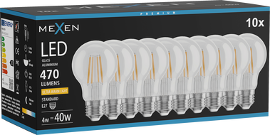 Mexen Vintis 10x LED filament bulb E27, A60, 4W, Warm - 2200K, 470 lm, clear - L150-E27-0422-00x10