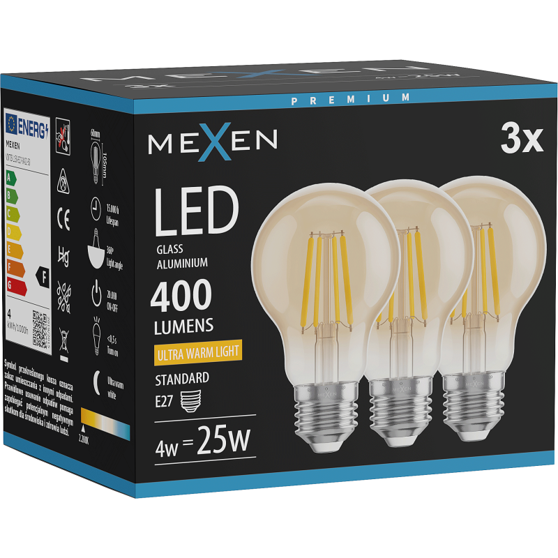 Mexen Vintis 3x LED Filament Bulb E27, A60, 4W, Warm - 2200K, 400 lm, amber - L150-E27-0422-50x03