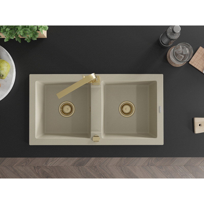 Mexen Mario granite 2-bowl kitchen sink with Rita kitchen faucet, beige - 6504-69-670300-50