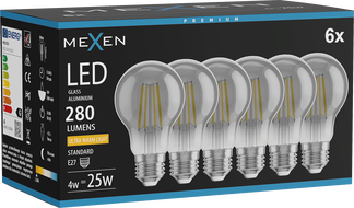 Mexen Vintis 6x LED Filament Bulb E27, A60, 4W, Warm - 2200K, 280 lm, smoke - L150-E27-0422-70x06