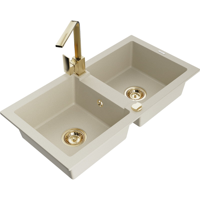 Mexen Mario 2-bowl granite sink with kitchen faucet Rita, beige - 6504-69-670300-50