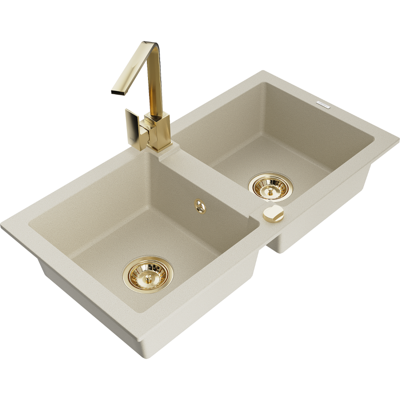 Mexen Mario granite 2-bowl sink with Rita kitchen tap, beige - 6504-69-670300-50