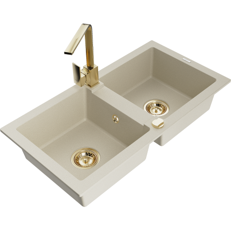 Mexen Mario 2-compartment granite sink with a kitchen mixer tap Rita, Beige - 6504-69-670300-50