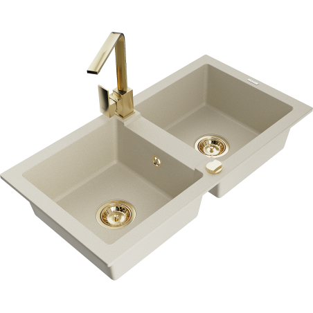 Mexen Mario granite 2-bowl sink with Rita kitchen tap, beige - 6504-69-670300-50
