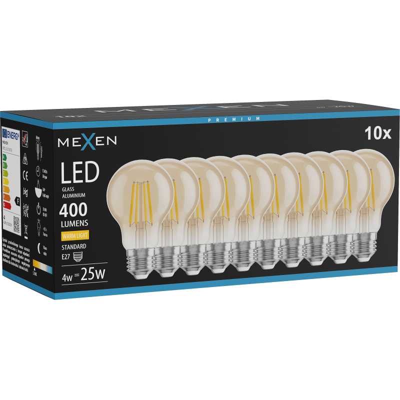 Mexen Vintis 10x LED Filament Bulb E27, A60, 4W, Warm - 2700K, 400 lm, amber - L150-E27-0427-50x10