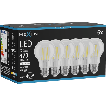 Mexen Vintis 6x LED Filament Bulb E27, A60, 4W, Neutral - 4000K, 470 lm, clear - L150-E27-0440-00x06