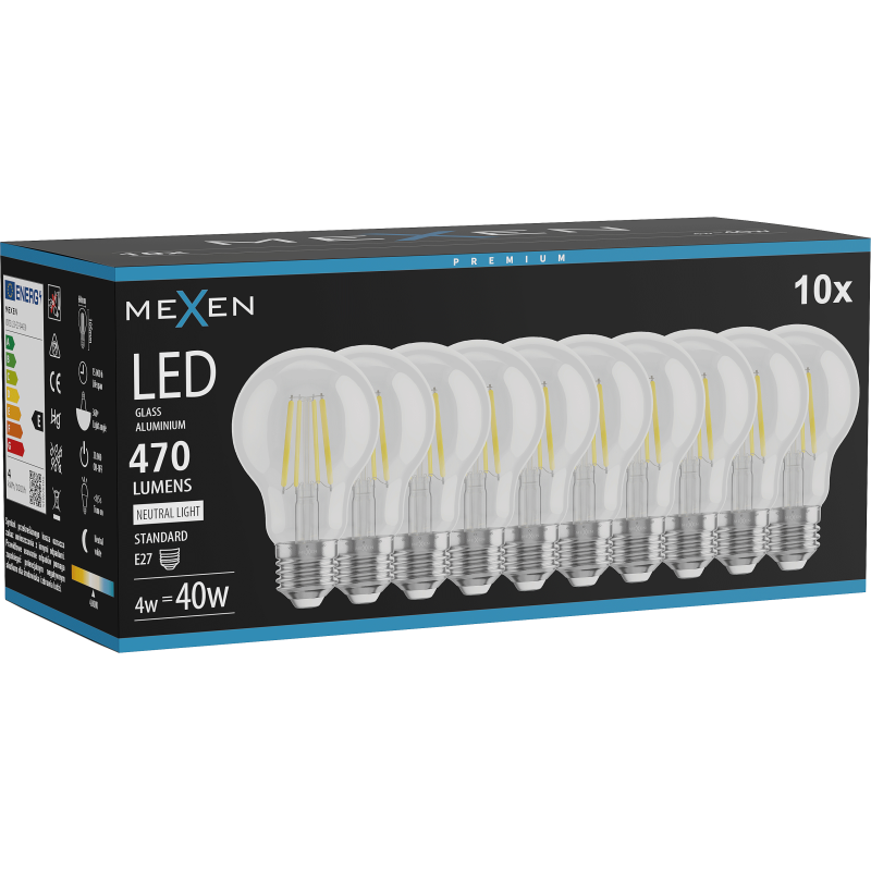 Mexen Vintis 10x LED Filament Bulb E27, A60, 4W, Neutral - 4000K, 470 lm, clear - L150-E27-0440-00x10