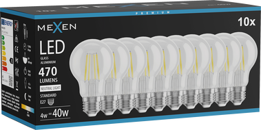 Mexen Vintis 10x LED Filament Bulb E27, A60, 4W, Neutral - 4000K, 470 lm, clear - L150-E27-0440-00x10