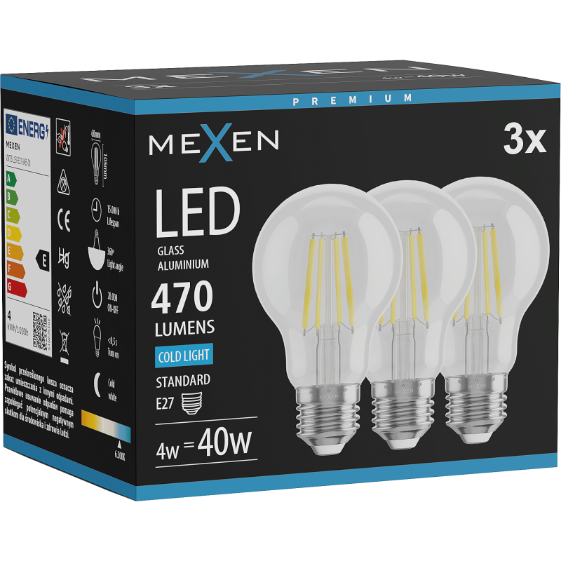 Mexen Vintis 3x LED filament bulb E27, A60, 4W, Cold - 6500K, 470 lm, clear - L150-E27-0465-00x03