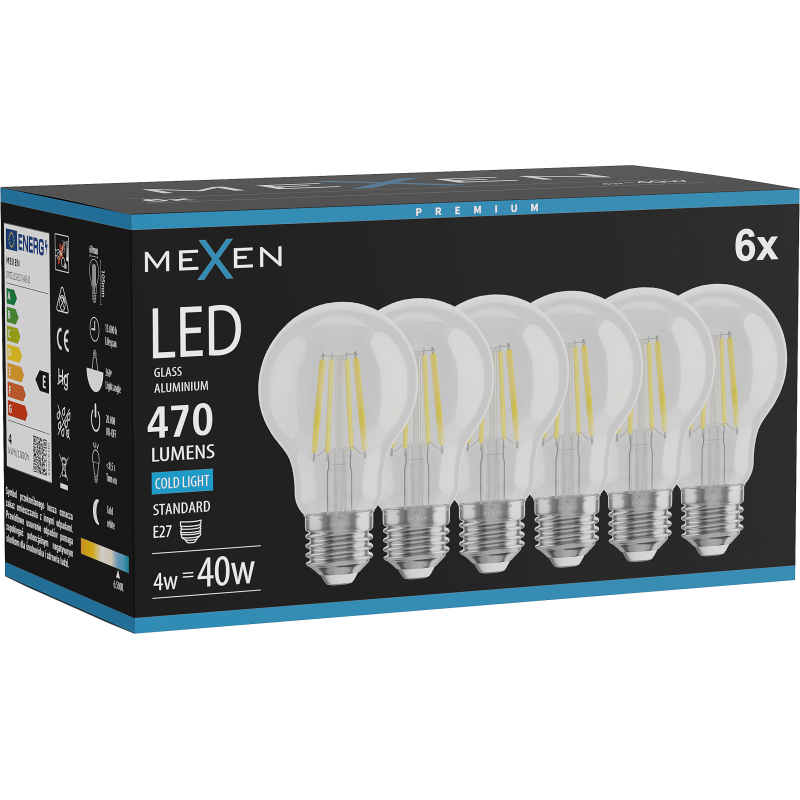 Mexen Vintis 6x LED Filament Bulb E27, A60, 4W, Cool - 6500K, 470 lm, clear - L150-E27-0465-00x06