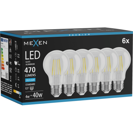 Mexen Vintis 6x LED Filament Bulb E27, A60, 4W, Cool - 6500K, 470 lm, clear - L150-E27-0465-00x06