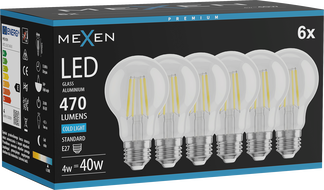 Mexen Vintis 6x LED Filament Bulb E27, A60, 4W, Cool - 6500K, 470 lm, clear - L150-E27-0465-00x06