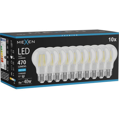 Mexen Vintis 10x LED Filament Bulb E27, A60, 4W, Cold - 6500K, 470 lm, clear - L150-E27-0465-00x10