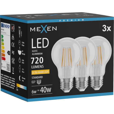Mexen Vintis 3x Filament LED Bulb E27, A60, 6W, Warm - 2200K, 720 lm, clear - L150-E27-0622-00x03