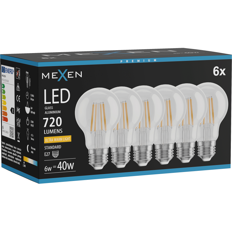 Mexen Vintis 6x LED Filament Bulb E27, A60, 6W, Warm - 2200K, 720 lm, clear - L150-E27-0622-00x06