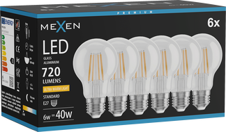 Mexen Vintis 6x LED Filament Bulb E27, A60, 6W, Warm - 2200K, 720 lm, clear - L150-E27-0622-00x06