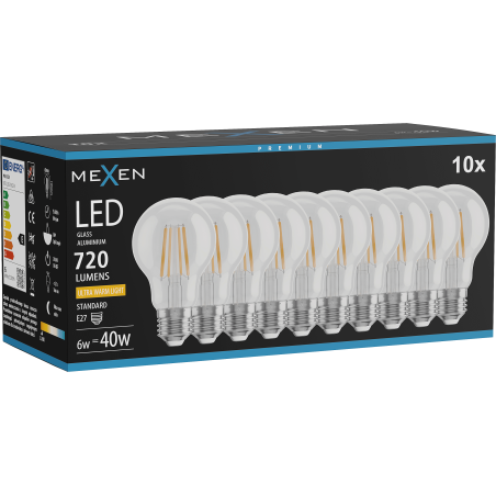Mexen Vintis 10x LED filament bulb E27, A60, 6W, Warm - 2200K, 720 lm, clear - L150-E27-0622-00x10