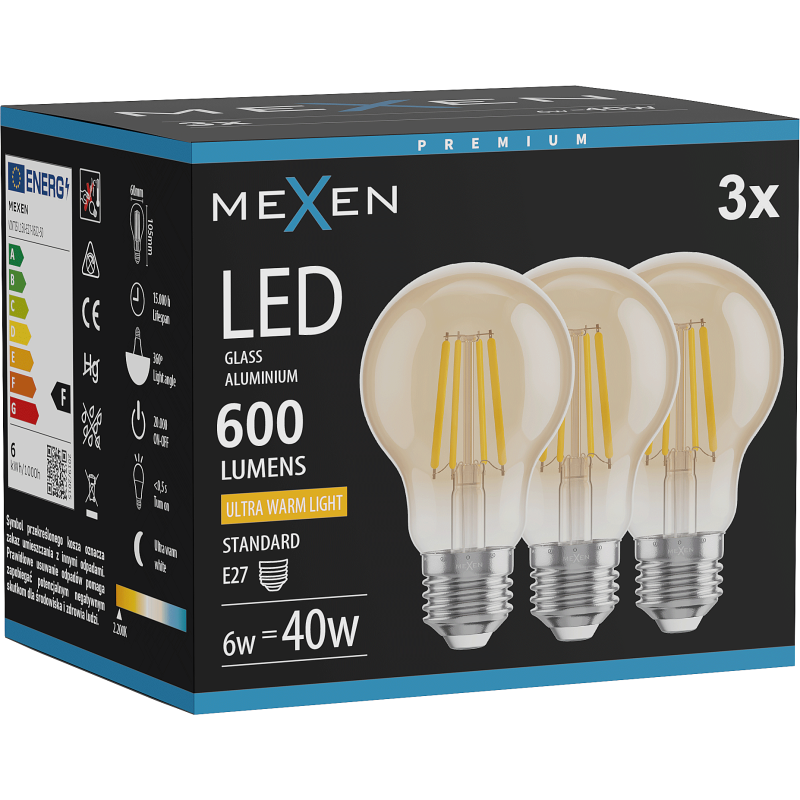 Mexen Vintis 3x LED Filament Bulb E27, A60, 6W, Warm - 2200K, 600 lm, amber - L150-E27-0622-50x03