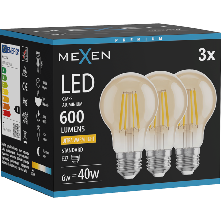 Mexen Vintis 3x LED Filament Bulb E27, A60, 6W, Warm - 2200K, 600 lm, amber - L150-E27-0622-50x03