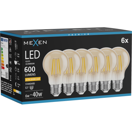 Mexen Vintis 6x LED Filament Bulb E27, A60, 6W, Warm - 2200K, 600 lm, amber - L150-E27-0622-50x06