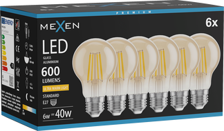 Mexen Vintis 6x LED Filament Bulb E27, A60, 6W, Warm - 2200K, 600 lm, amber - L150-E27-0622-50x06