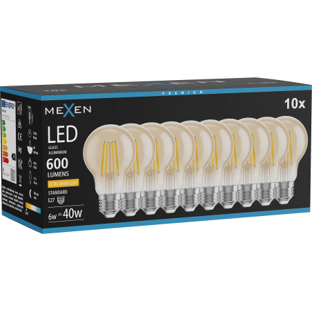 Mexen Vintis 10x LED Filament Bulb E27, A60, 6W, Warm - 2200K, 600 lm, amber - L150-E27-0622-50x10