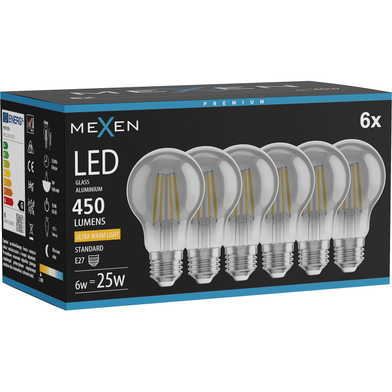 Mexen Vintis 6x LED filament bulb E27, A60, 6W, Warm - 2200K, 450 lm, smoke - L150-E27-0622-70x06