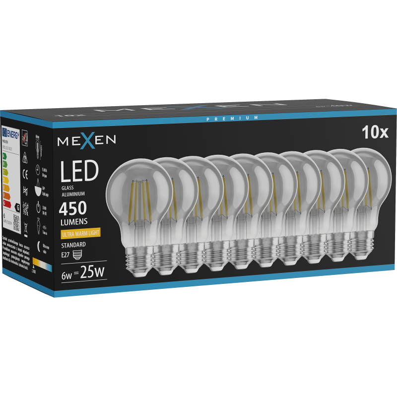 Mexen Vintis 10x LED Filament Bulb E27, A60, 6W, Warm - 2200K, 450 lm, smoke - L150-E27-0622-70x10