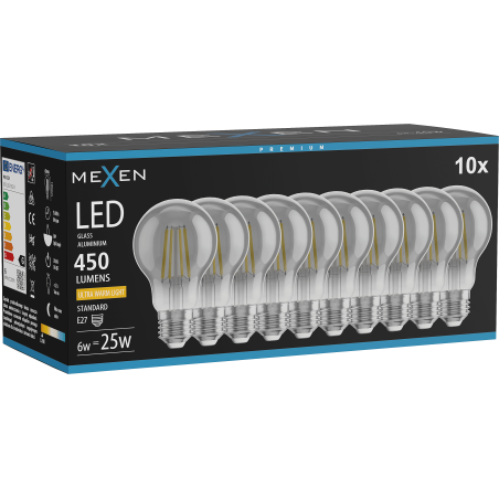 Mexen Vintis 10x LED Filament Bulb E27, A60, 6W, Warm - 2200K, 450 lm, smoke - L150-E27-0622-70x10
