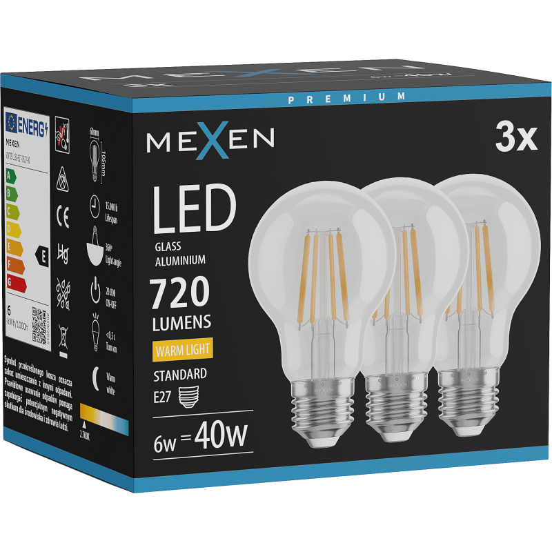 Mexen Vintis 3x LED Filament Bulb E27, A60, 6W, Warm - 2700K, 720 lm, Clear - L150-E27-0627-00x03
