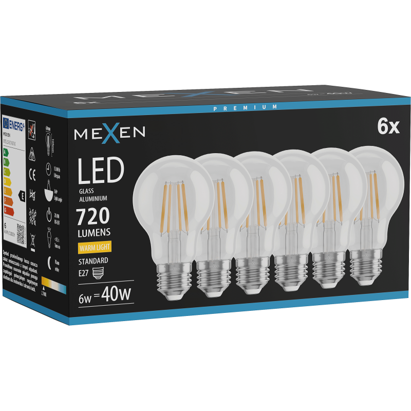 Mexen Vintis 6x LED filament bulb E27, A60, 6W, Warm - 2700K, 720 lm, clear - L150-E27-0627-00x06