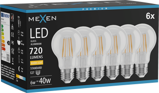 Mexen Vintis 6x LED filament bulb E27, A60, 6W, Warm - 2700K, 720 lm, clear - L150-E27-0627-00x06