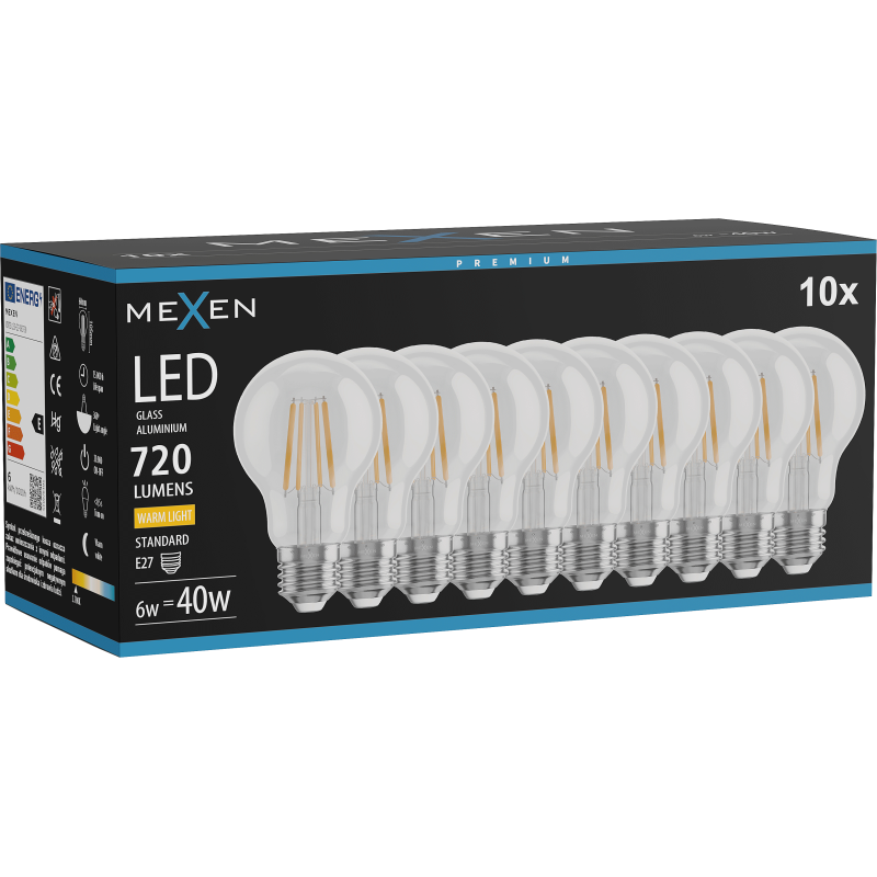Mexen Vintis 10x LED Filament Bulb E27, A60, 6W, Warm - 2700K, 720 lm, clear - L150-E27-0627-00x10