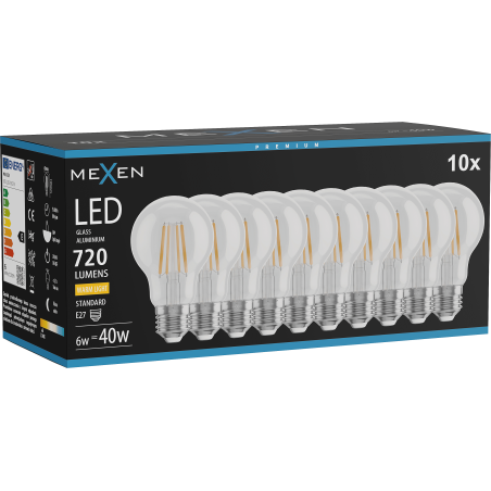 Mexen Vintis 10x LED Filament Bulb E27, A60, 6W, Warm - 2700K, 720 lm, clear - L150-E27-0627-00x10