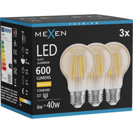 Mexen Vintis 3x LED Filament Bulb E27, A60, 6W, Warm - 2700K, 600 lm, amber - L150-E27-0627-50x03